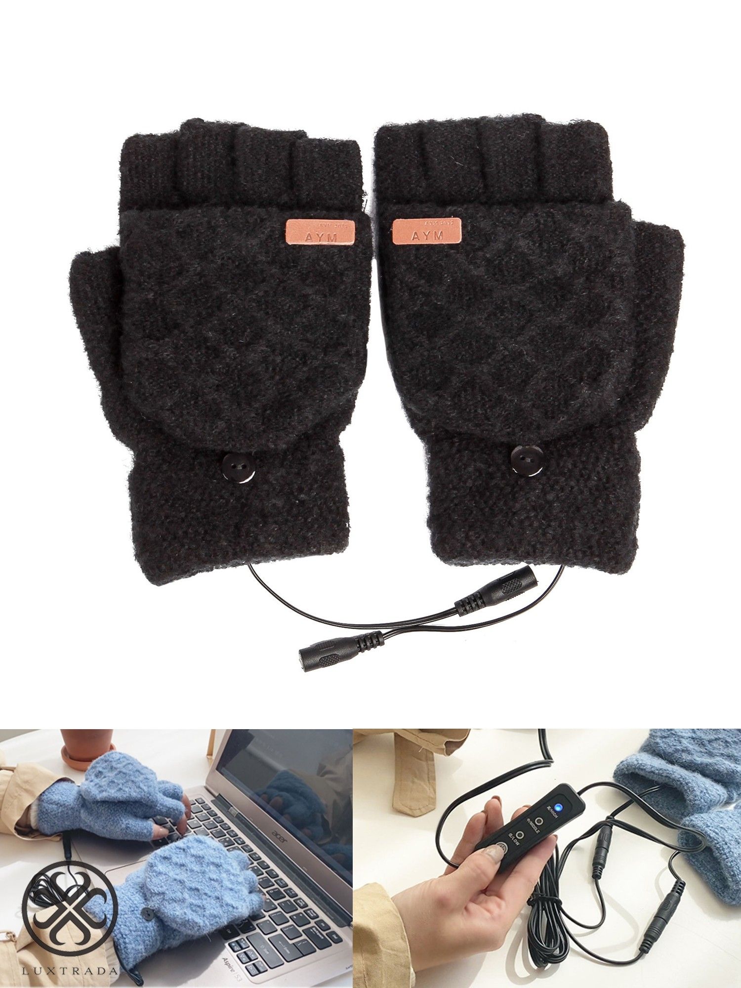 Luxtrada USB Heated Gloves, Men Women Winter Warm Electric Heating Gloves Mitten, 3 Temperature Settings